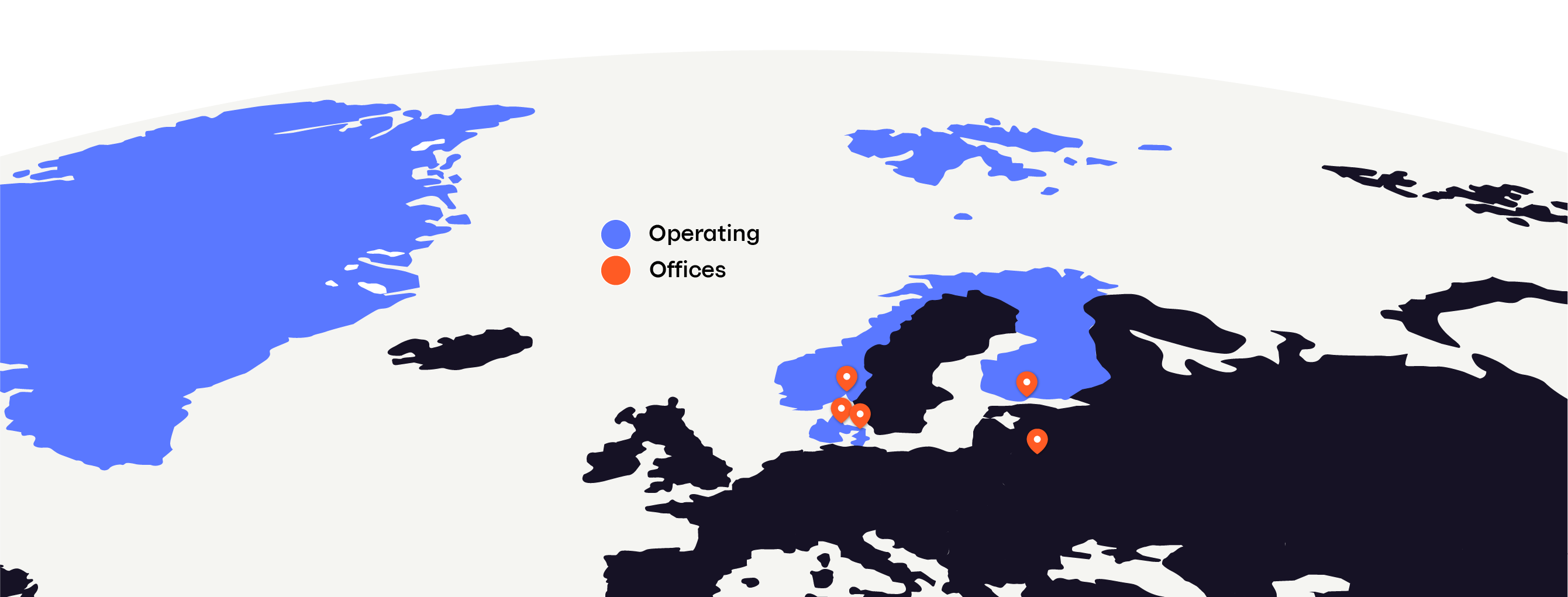 Map showing Vipps MobilePay markets and offices.